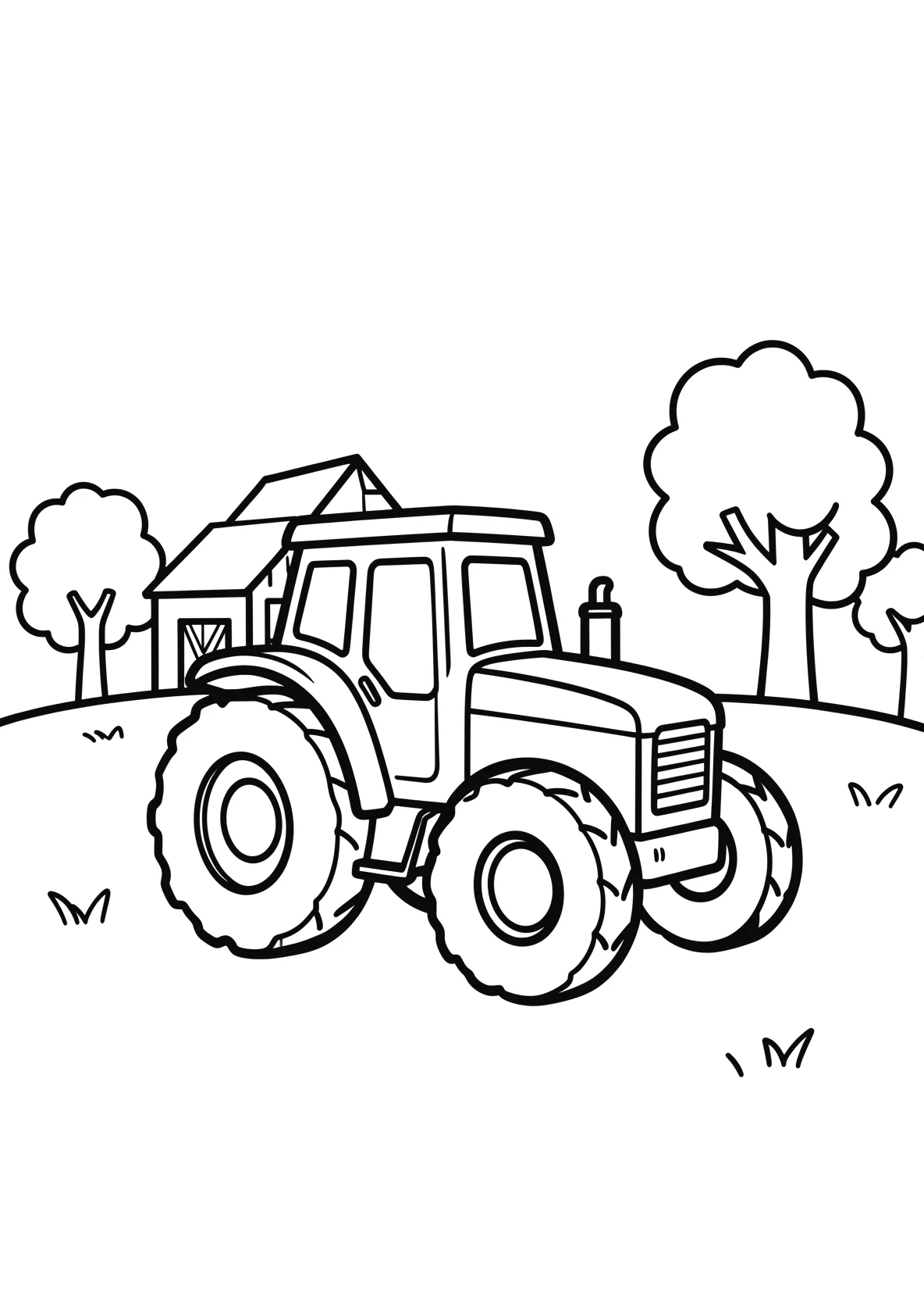 Traktor fährt über ein Feld mit Scheune - Ausmalbild