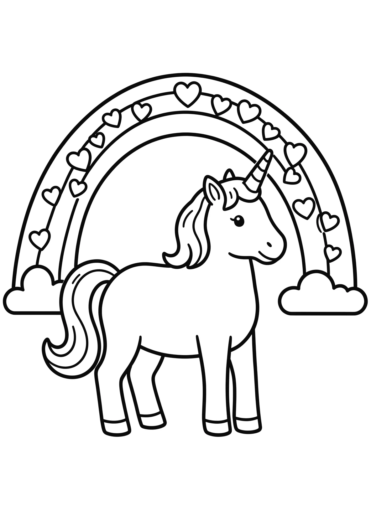 Einhorn steht vor einem Regenbogen mit vielen - Ausmalbild