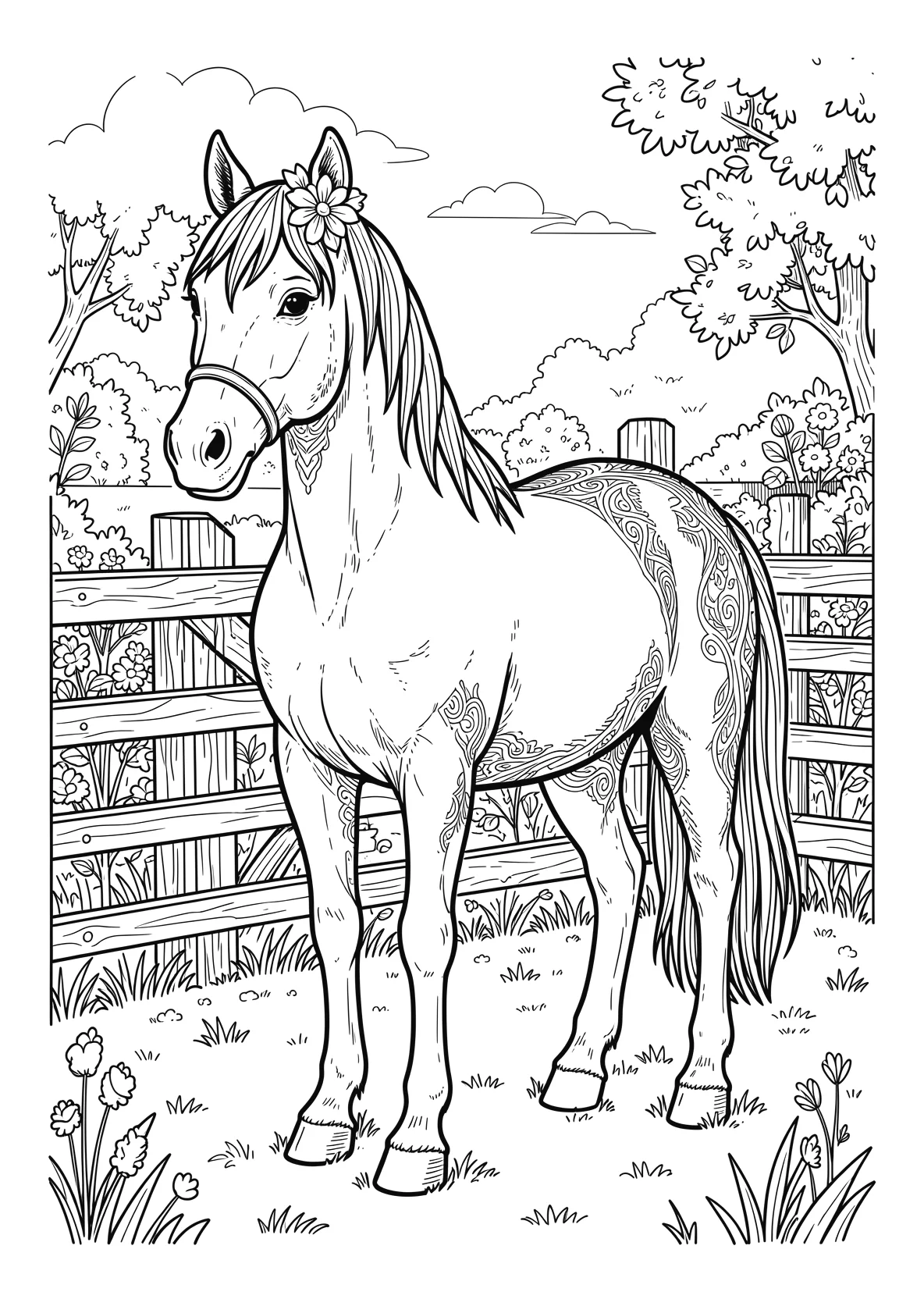 Ausmalbild Pferd mit blume im haar ,was an einem gatter steht - Ausmalbild aus der Kategorie Tiere - kostenlos ausdrucken