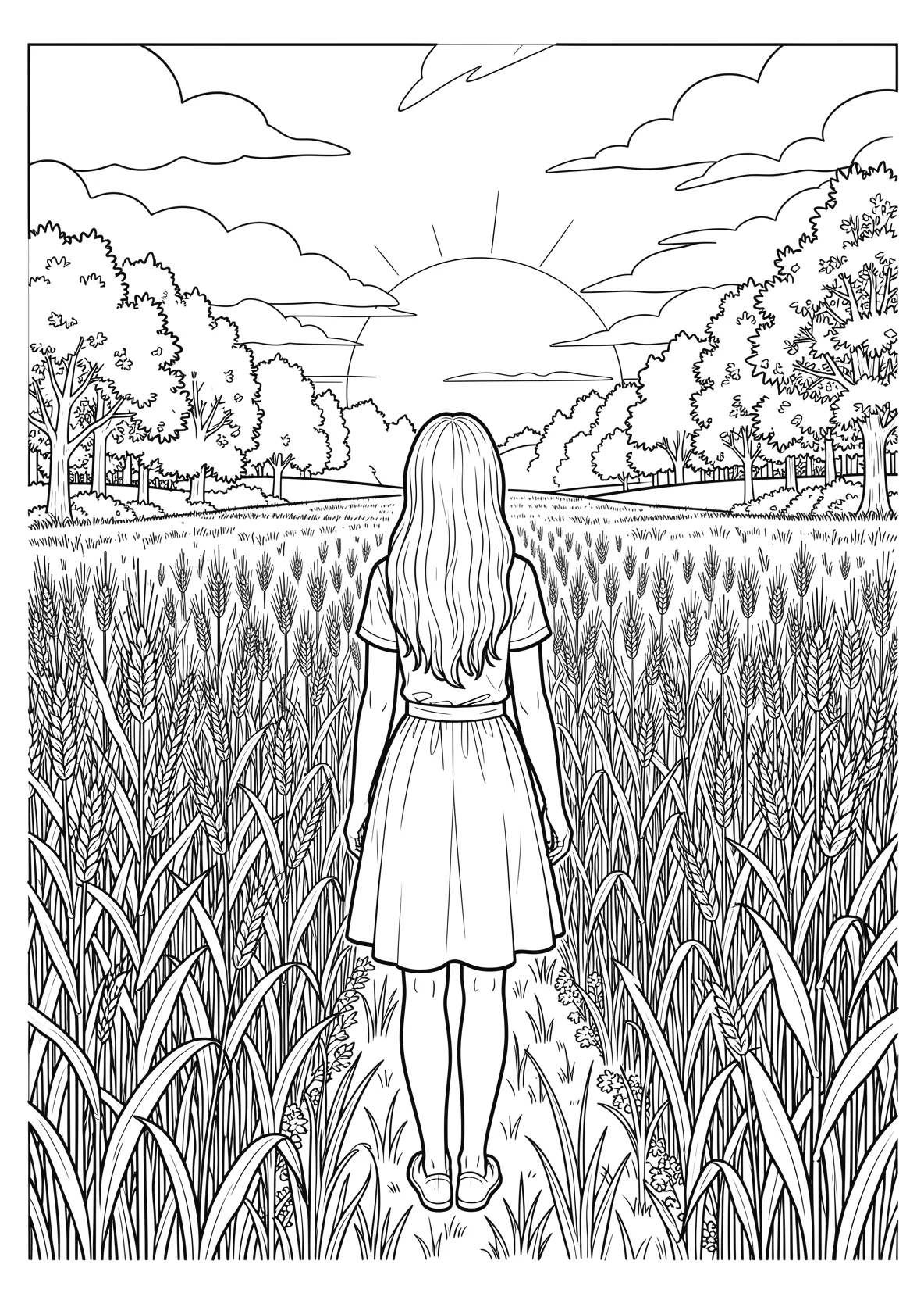 Ausmalbild Kornfeld auf dem ein Mädchen mit langen Haaren - Ausmalbild aus der Kategorie Natur - kostenlos ausdrucken