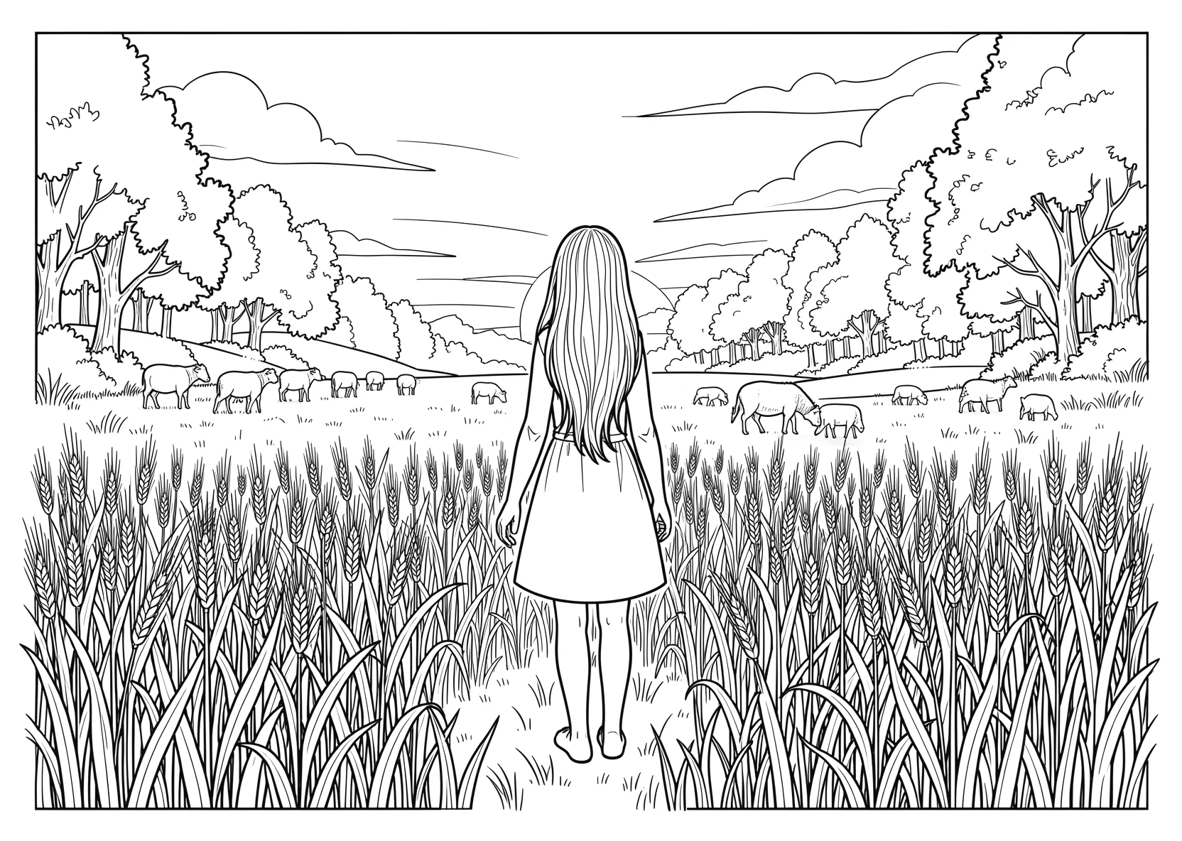 Ausmalbild Kornfeld auf dem ein Mädchen mit langen Haaren - Ausmalbild aus der Kategorie Natur - kostenlos ausdrucken