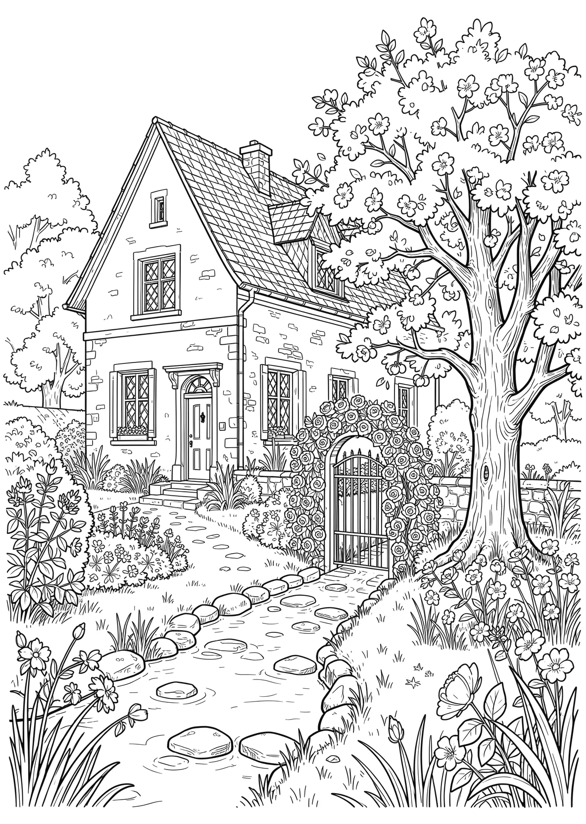 Alte kleinen guterhaltene Villa mit einem schönem - Ausmalbild