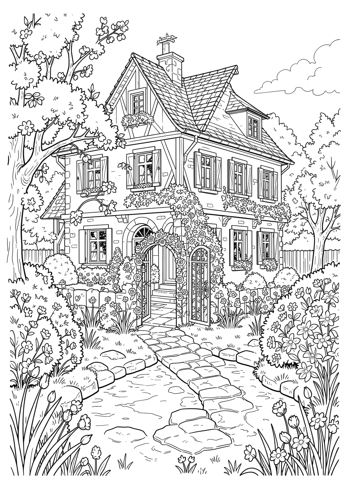 Ausmalbild Alte guterhaltene Villa mit einem schönem Garten - Ausmalbild aus der Kategorie Natur - kostenlos ausdrucken