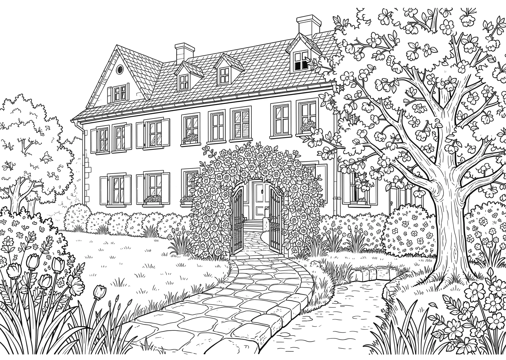 Ausmalbild Alte guterhaltene Villa mit einem schönem Garten - Ausmalbild aus der Kategorie Natur - kostenlos ausdrucken