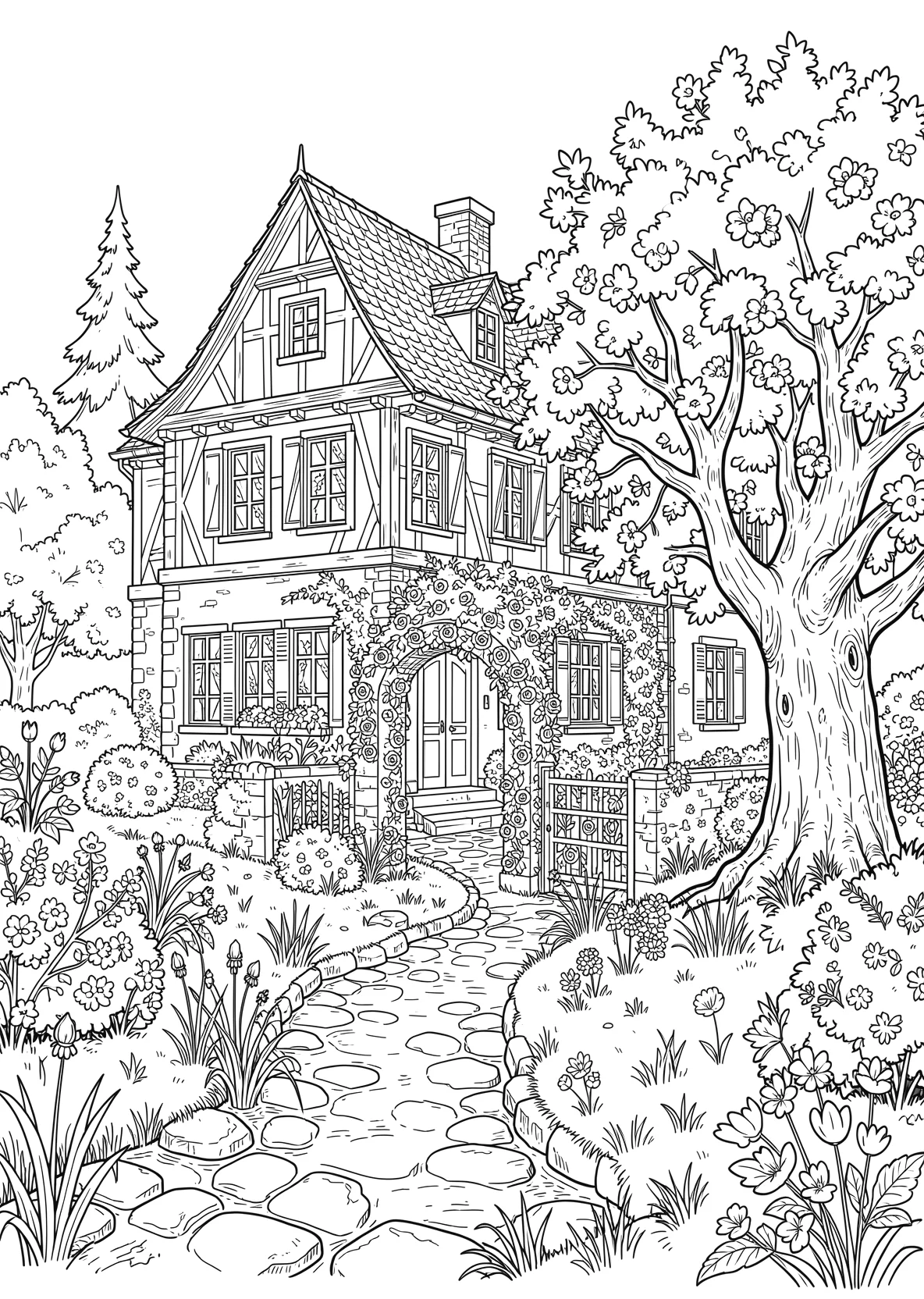 Ausmalbild Alte guterhaltene Villa mit einem schönem Garten - Ausmalbild aus der Kategorie Natur - kostenlos ausdrucken