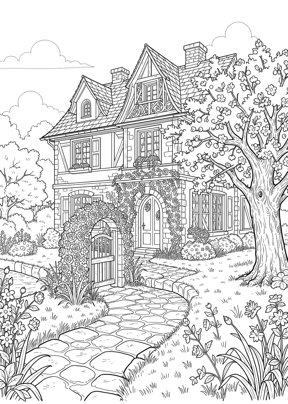 Ausmalbild Alte guterhaltene Villa mit einem schönem Garten - Ausmalbild aus der Kategorie Natur - kostenlos ausdrucken