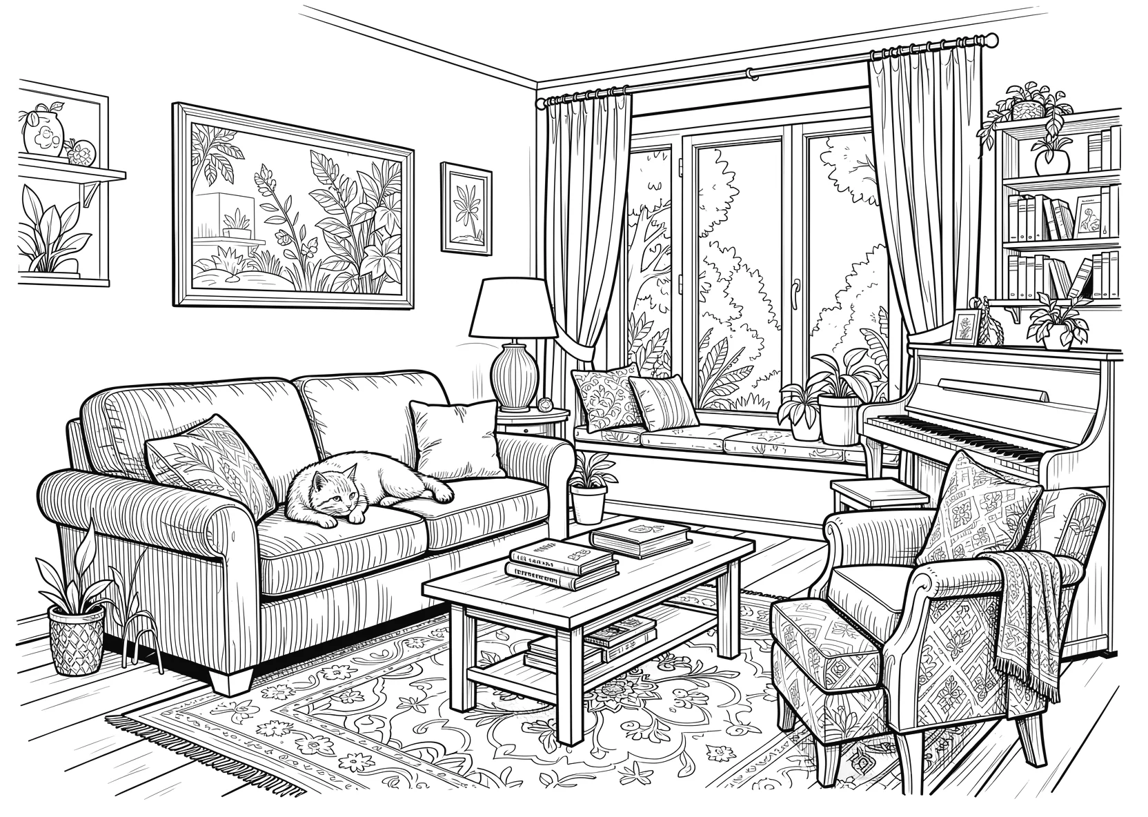 Ausmalbild Wohnzimmer mit einem Sofa einer Lampe ein Tisch - Ausmalbild aus der Kategorie Tiere - kostenlos ausdrucken