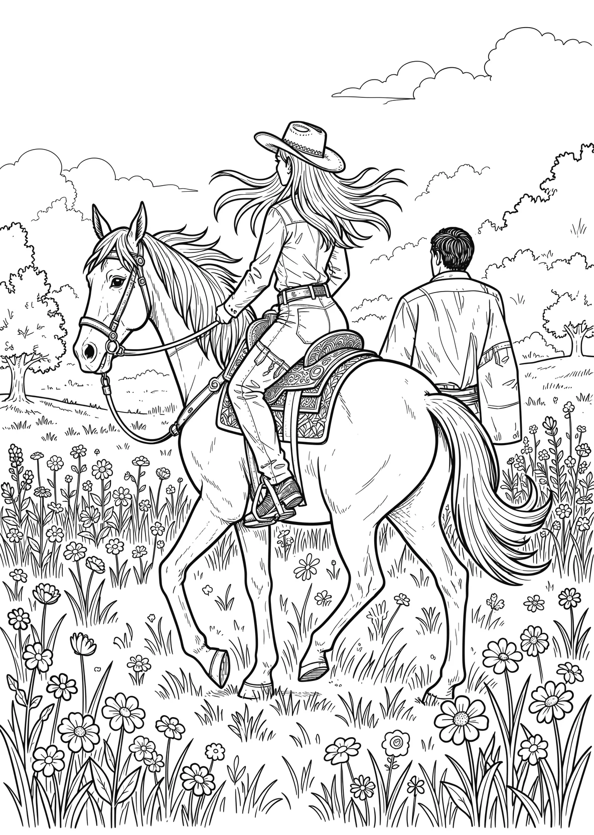 Ausmalbild Pferd das auf einer Blumenwiese galoppiert auf - Ausmalbild aus der Kategorie Tiere - kostenlos ausdrucken