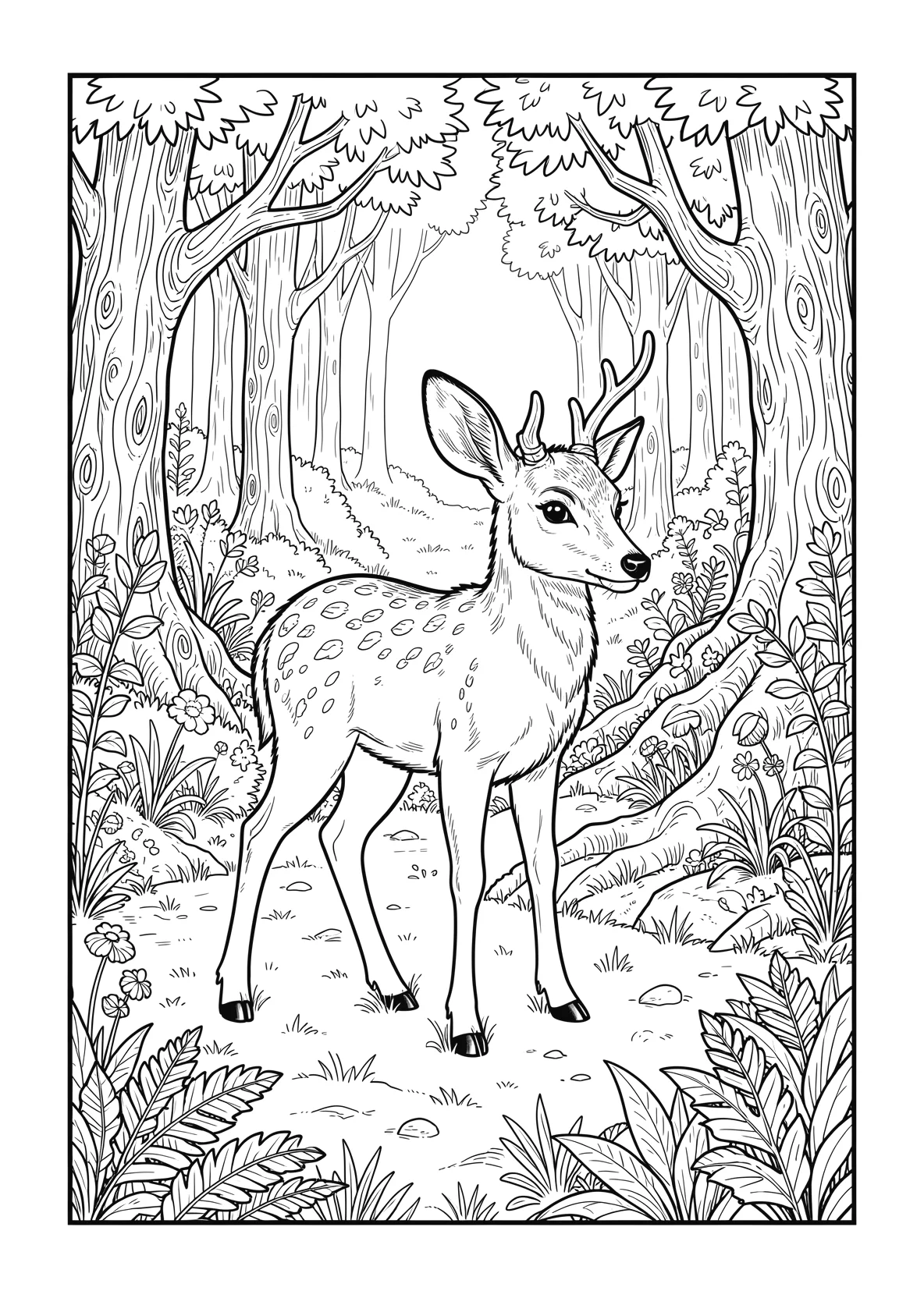 Ausmalbild Kleines rehkitz im wald auf einer verwunschenen - Ausmalbild aus der Kategorie Tiere - kostenlos ausdrucken