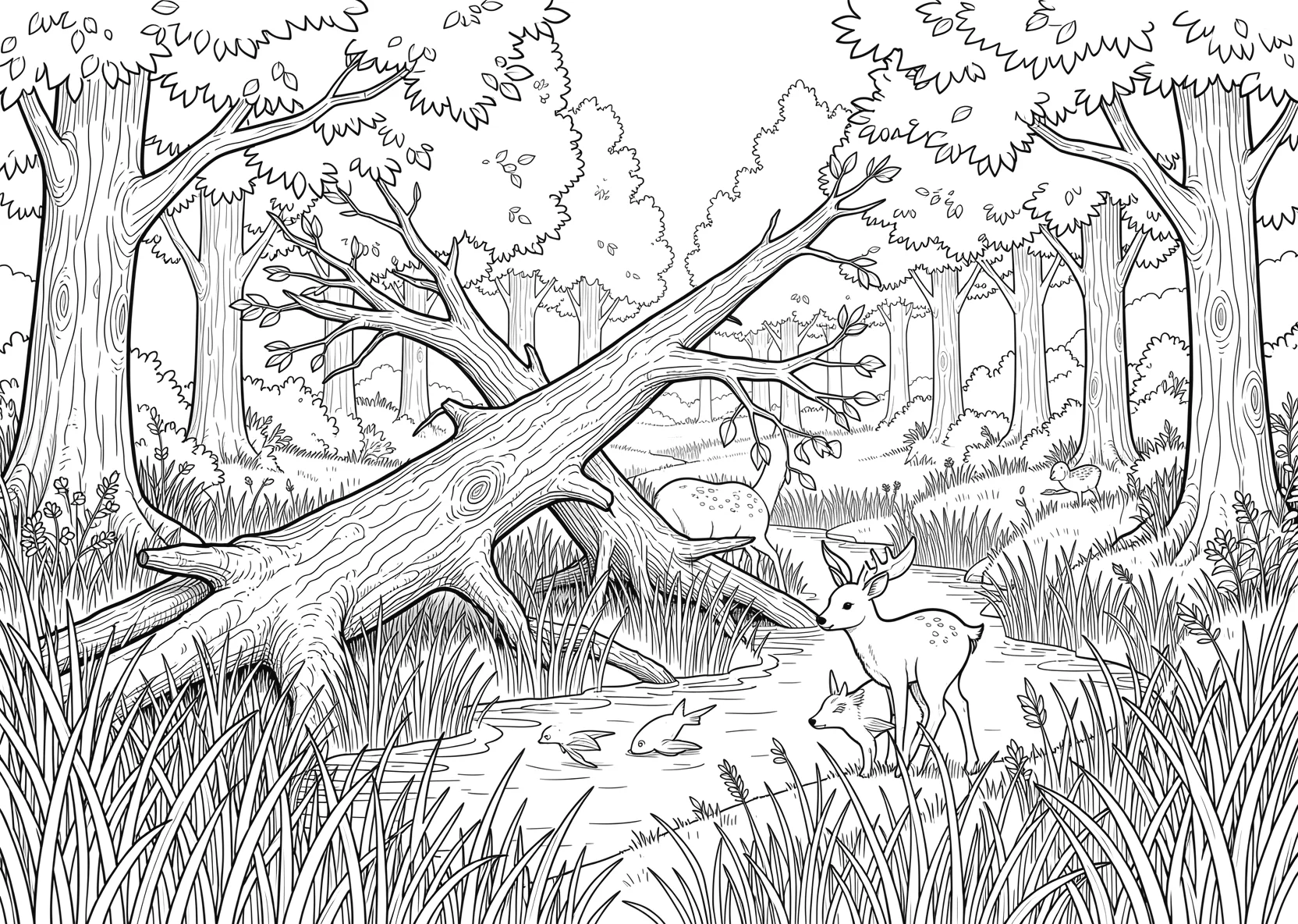Ausmalbild Lichtung in einem Mischwald mit hohem Gras einem - Ausmalbild aus der Kategorie Natur - kostenlos ausdrucken