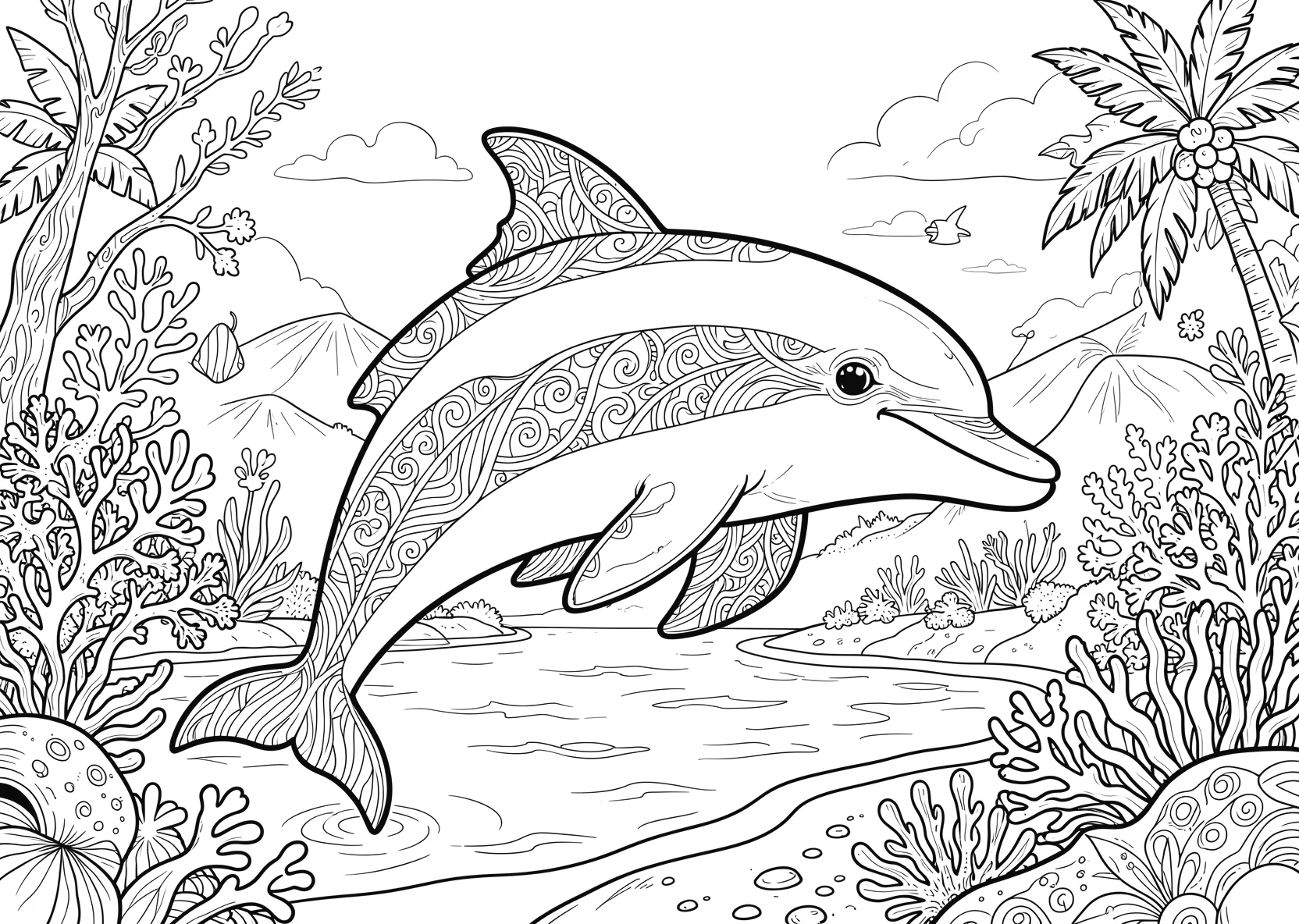 Ausmalbild Delfin - Ausmalbild aus der Kategorie Tiere - kostenlos ausdrucken
