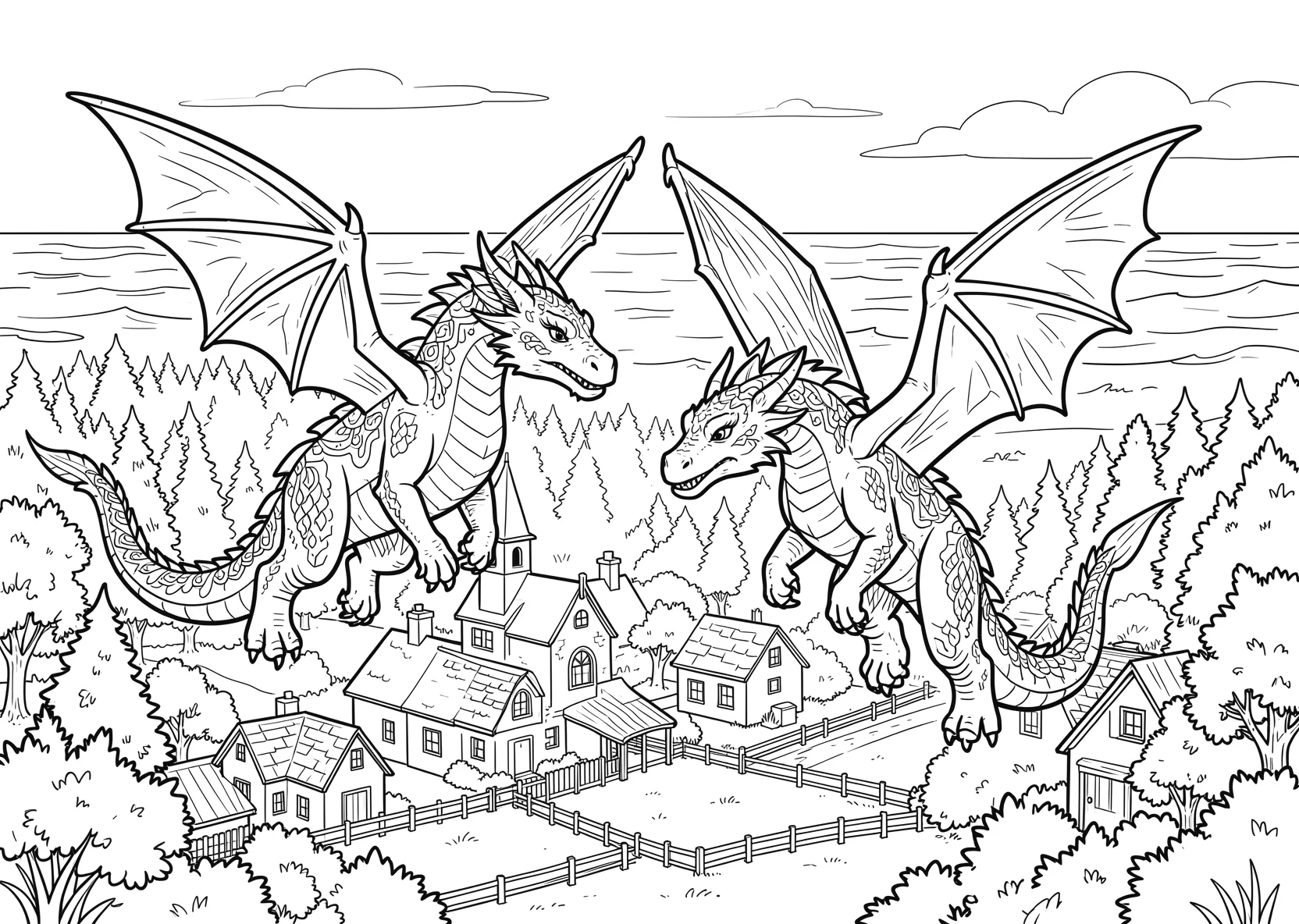 Ausmalbild Zwei Drachen mit jeweils einem Kopf - Ausmalbild aus der Kategorie Maerchen - kostenlos ausdrucken