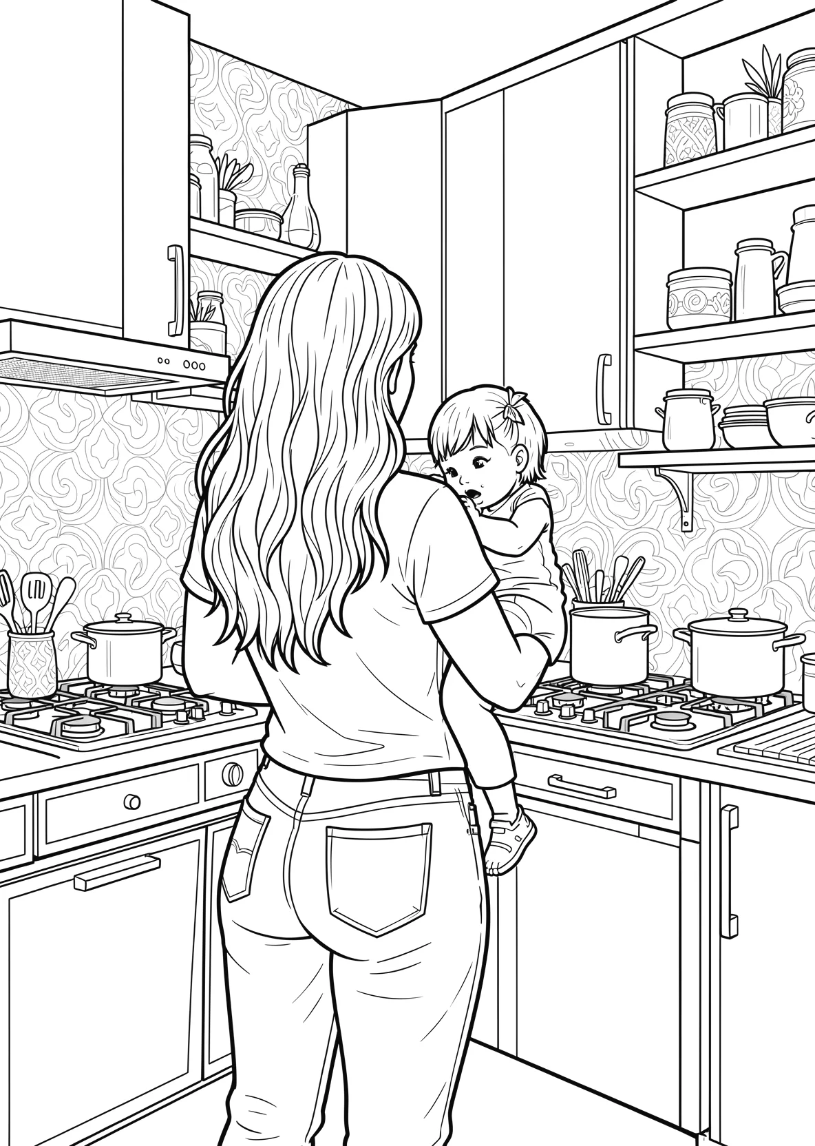 Ausmalbild Frau mit langen welligen Haaren trägt ein T-Shirt - Ausmalbild aus der Kategorie Essen - kostenlos ausdrucken