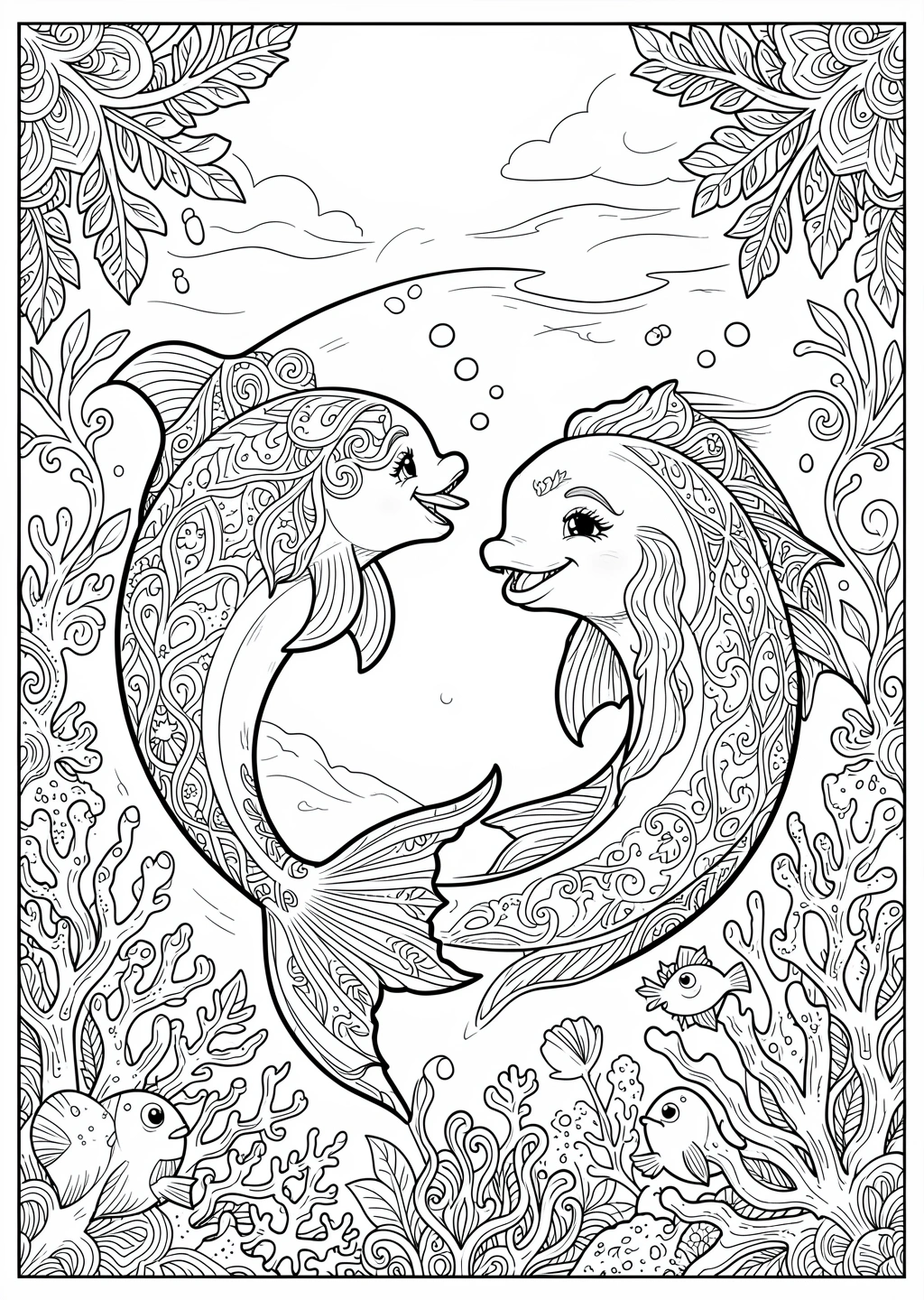 Ausmalbild Delfine im Meer die miteinander spielen. - Ausmalbild aus der Kategorie Tiere - kostenlos ausdrucken