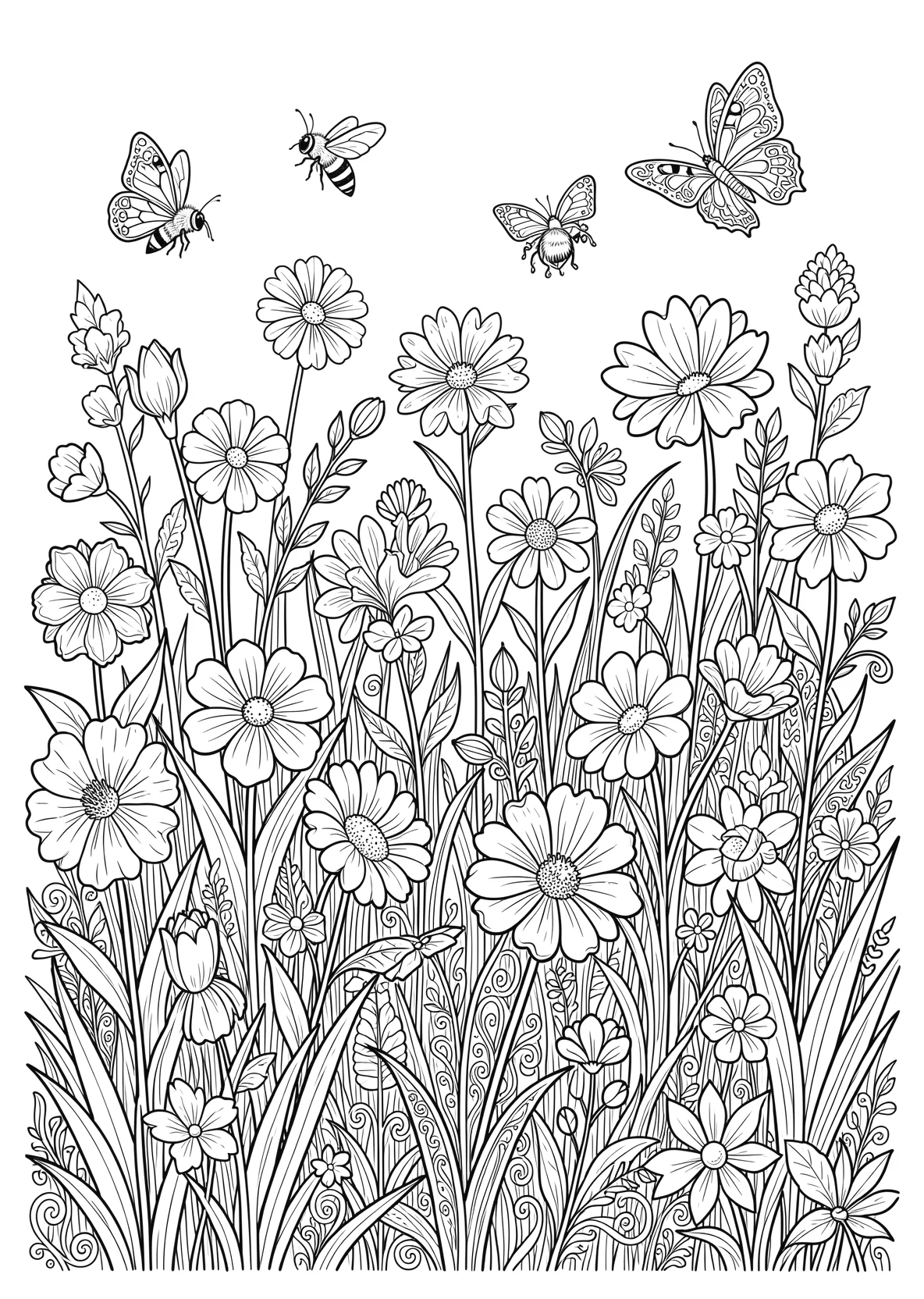 Frühlingswiese mit Blumen - Ausmalbild