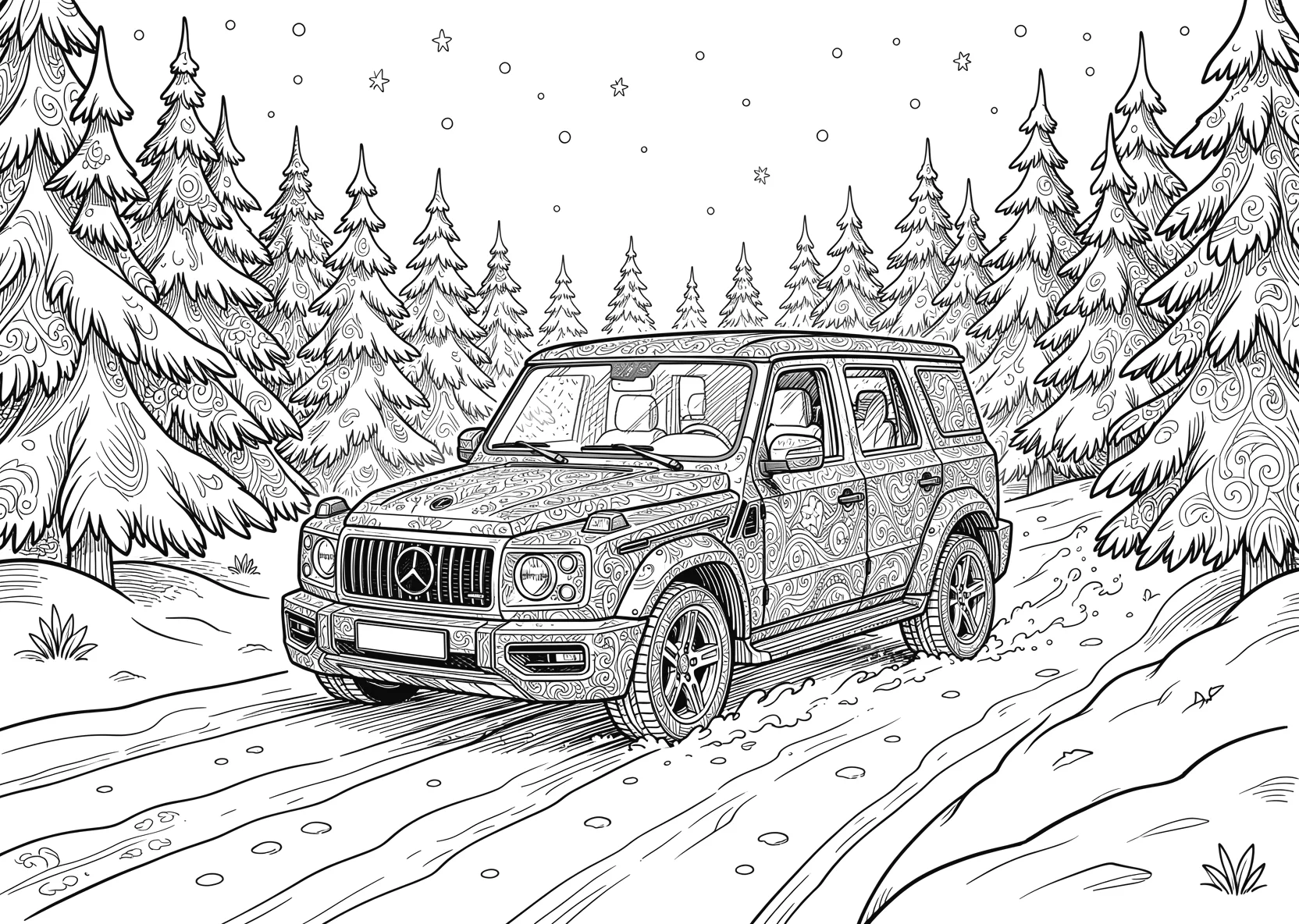Auto fährt durch eine verschneite - Ausmalbild