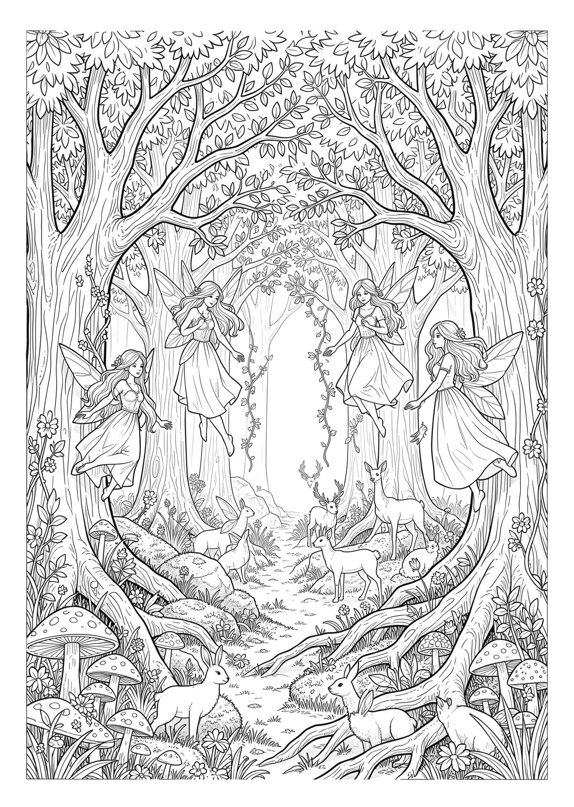 Ausmalbild Verzauberter Wald mit hohen - Ausmalbild aus der Kategorie Maerchen - kostenlos ausdrucken