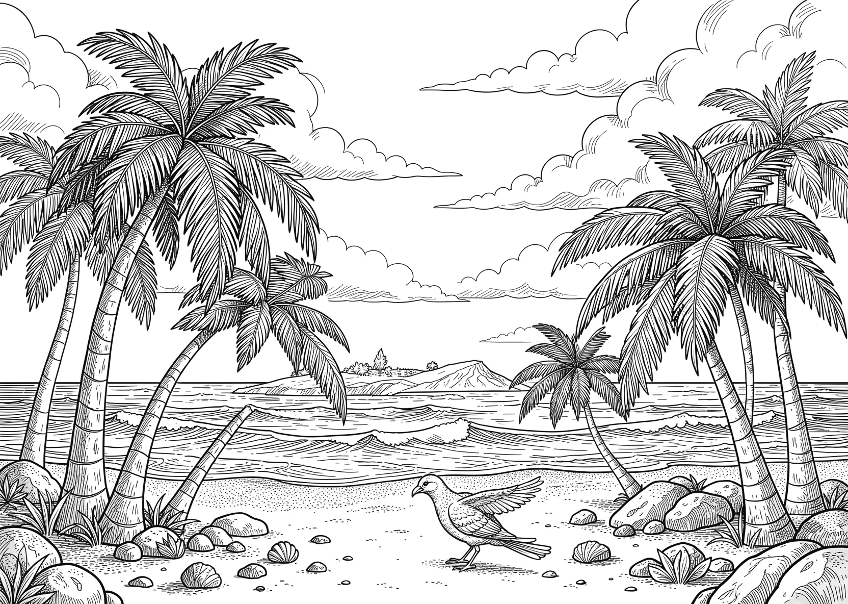 Ausmalbild Detaillierte Strandszene mit mehreren Palmen - Ausmalbild aus der Kategorie Natur - kostenlos ausdrucken