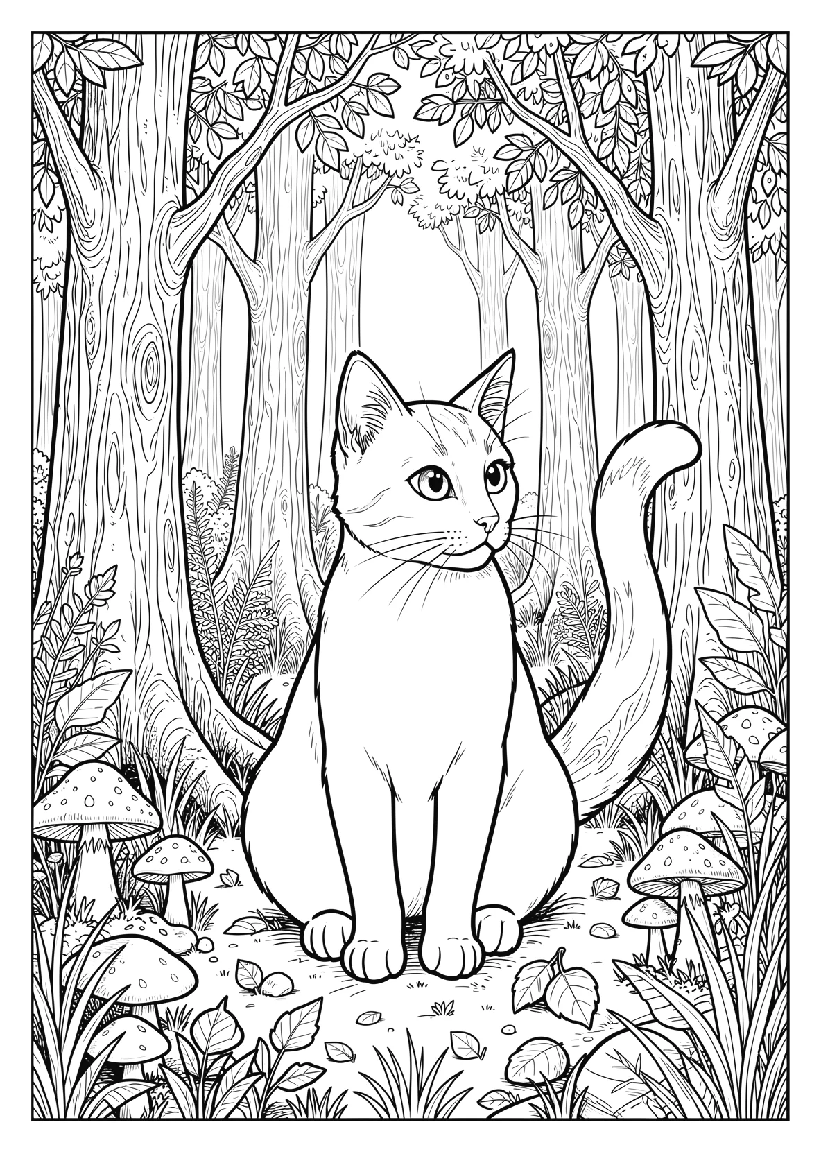Ausmalbild Sitzende Katze mit aufgerichtetem Schwanz im - Ausmalbild aus der Kategorie Tiere - kostenlos ausdrucken