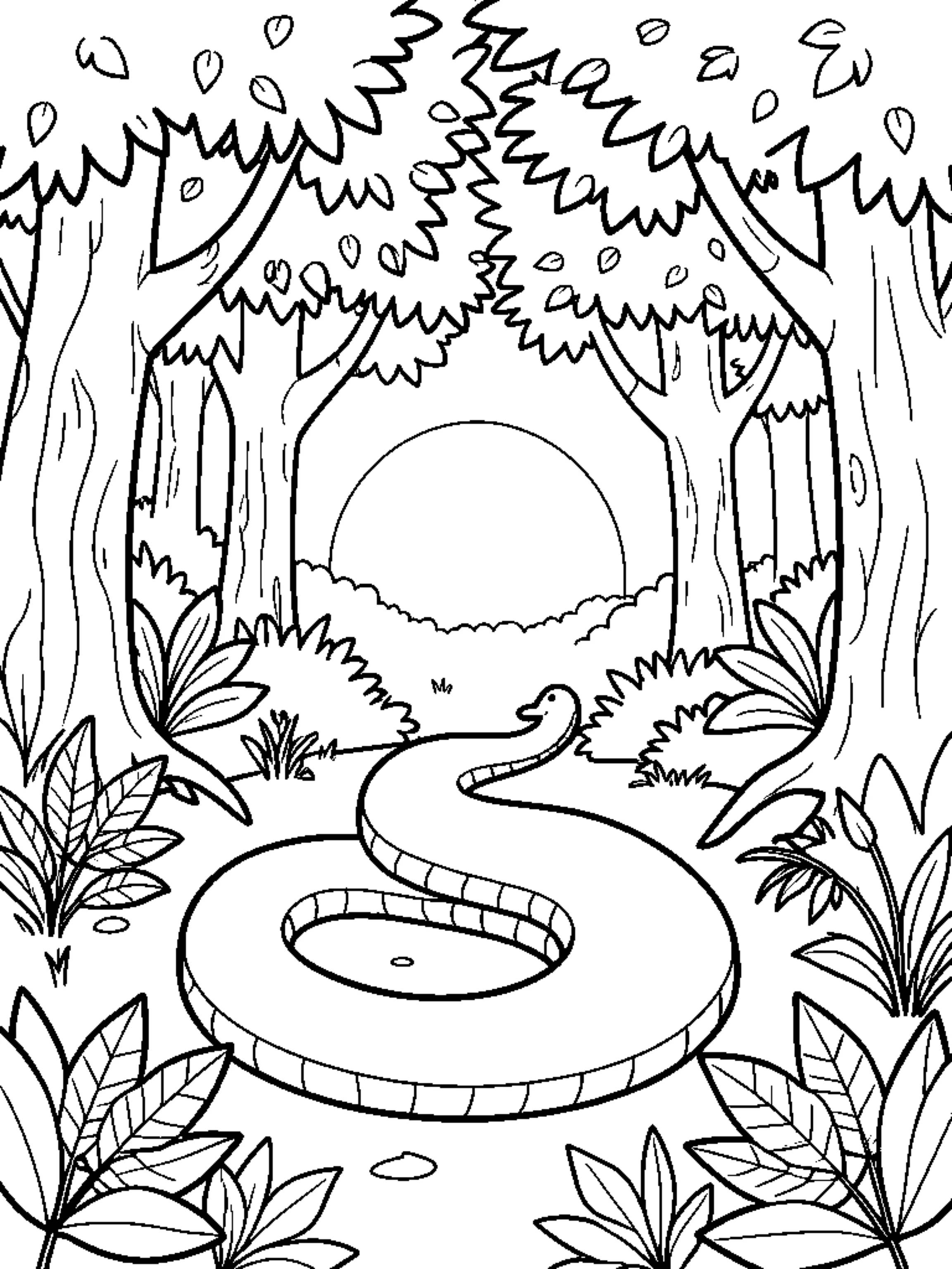 Ganz lange Schlange die durch den Urwald kriecht und die ... - Ausmalbild