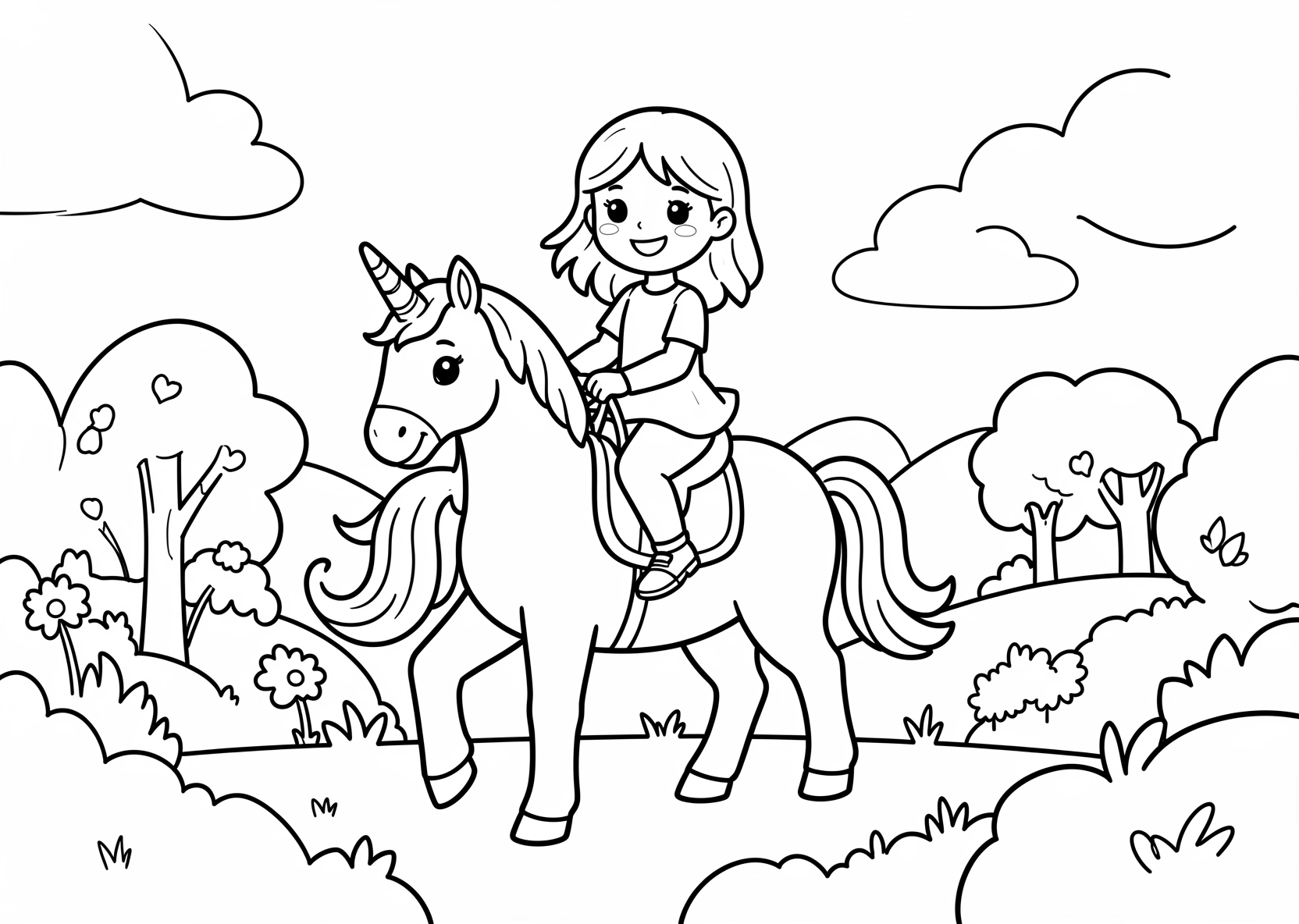 Ausmalbild Mädchen das auf einem Einhorn reitet - Ausmalbild aus der Kategorie Tiere - kostenlos ausdrucken