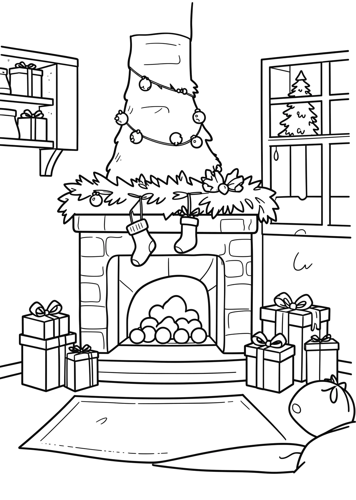 Ausmalbild Gemütliche Weihnachtsstube mit Kamin - Ausmalbild aus der Kategorie Feiertage - kostenlos ausdrucken