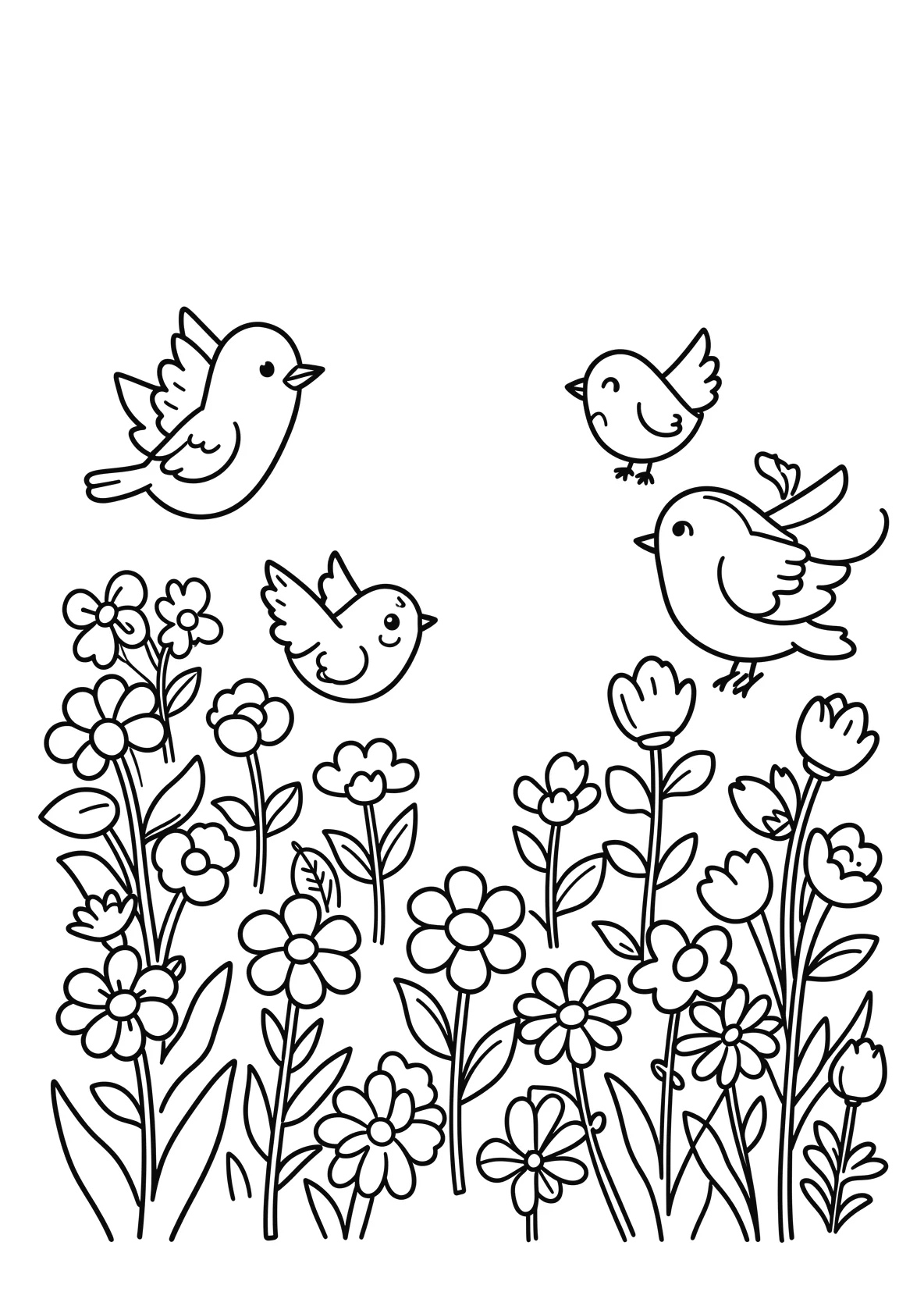 Garten im Frühling mit Blumen und Vögeln - Ausmalbild