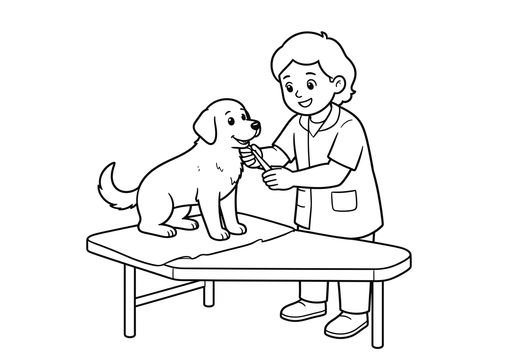 Ausmalbild Tierarzt untersucht einen Hund auf einem - Ausmalbild aus der Kategorie Berufe - kostenlos ausdrucken