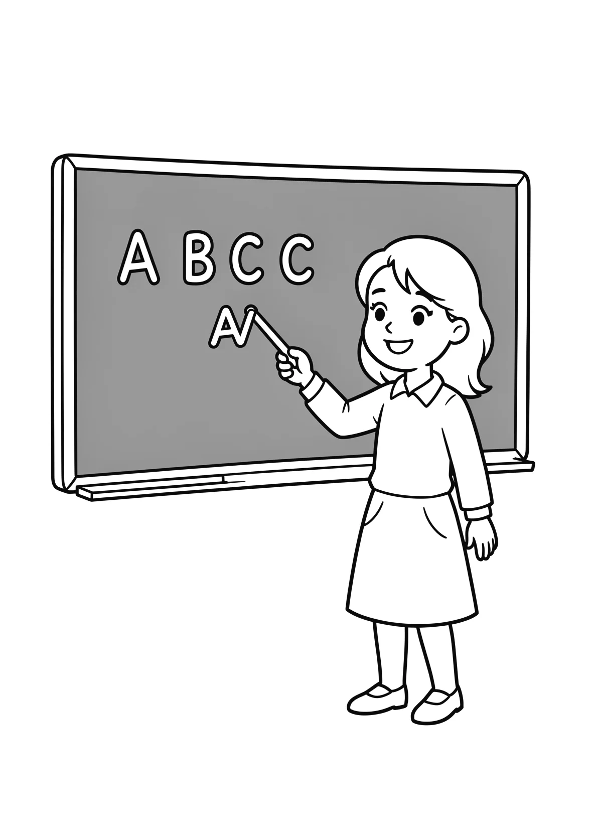 Ausmalbild Lehrerin steht vor einer gruenen Schultafel - Ausmalbild aus der Kategorie Berufe - kostenlos ausdrucken