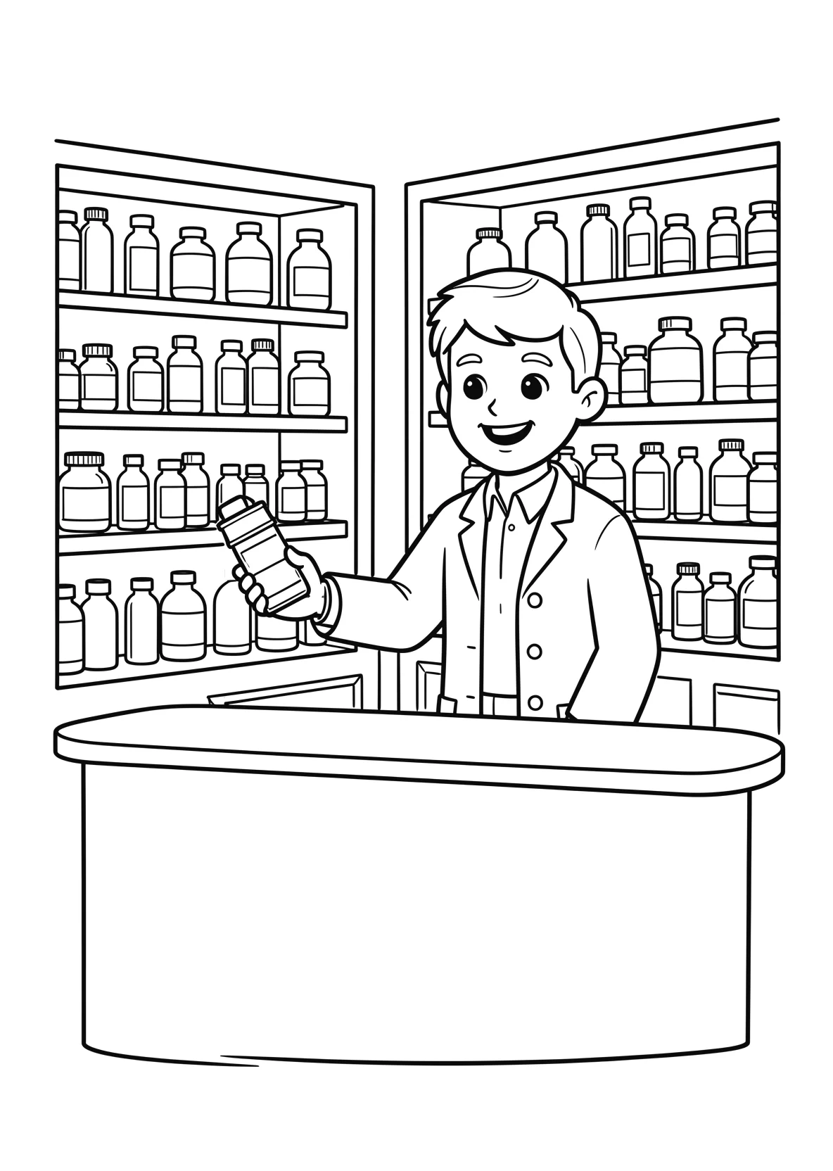 Ausmalbild Freundlicher Apotheker mit weissem Kittel steht - Ausmalbild aus der Kategorie Berufe - kostenlos ausdrucken
