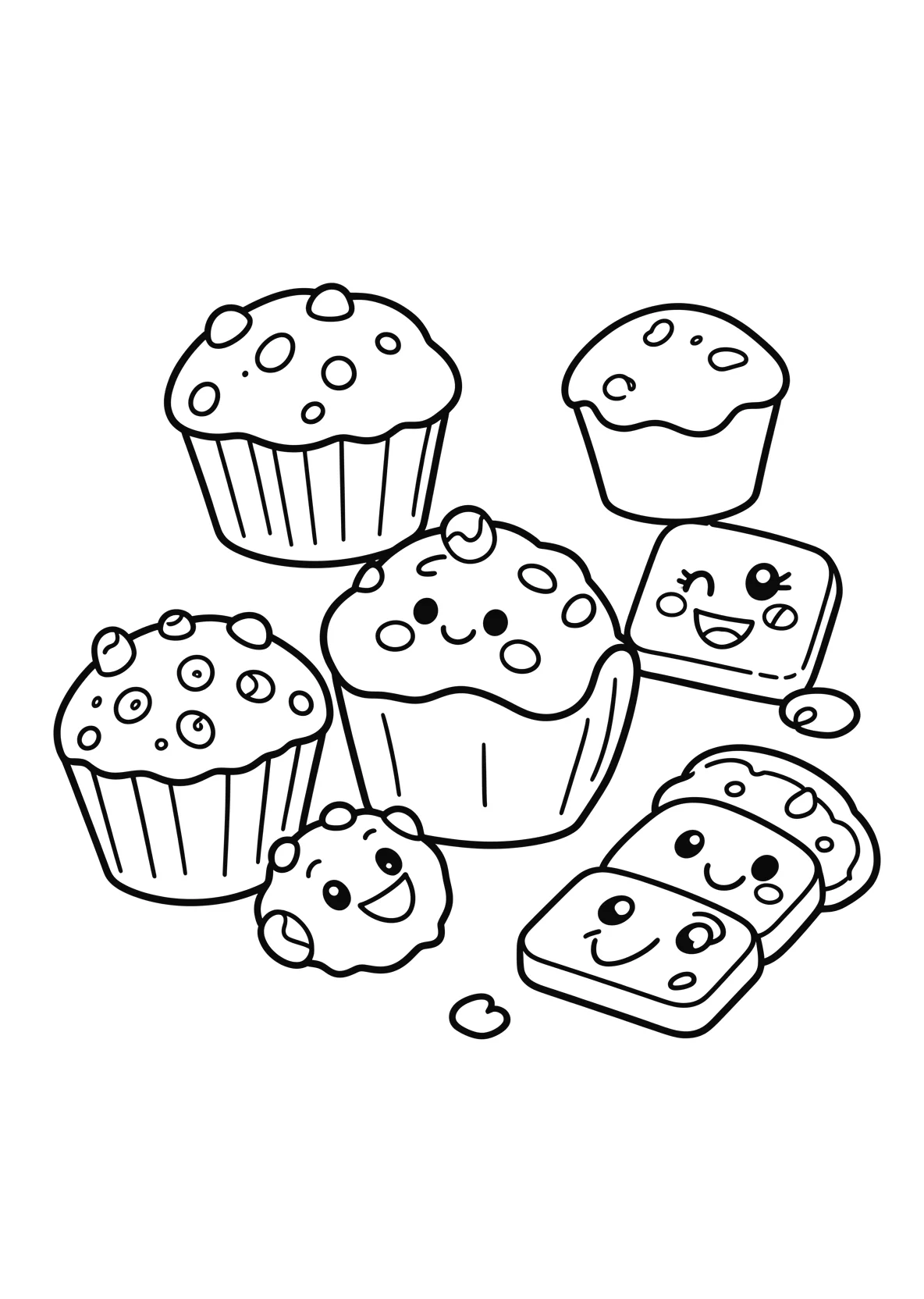 Ausmalbild Muffins, törtchen und kekse mit Gesicht - Ausmalbild aus der Kategorie Essen - kostenlos ausdrucken