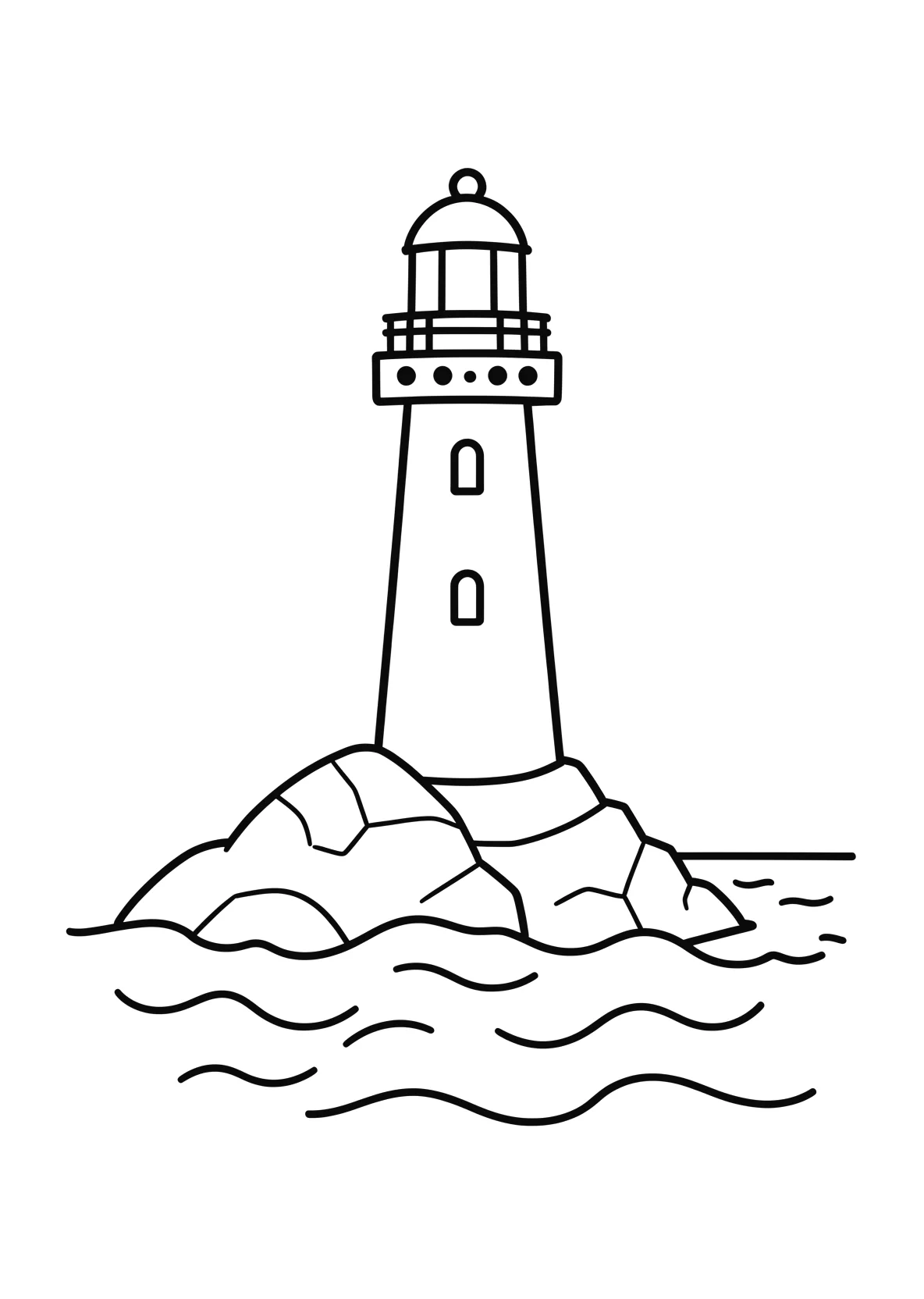 Ausmalbild Leuchtturm auf einer felsigen Küste mit welligen - Ausmalbild aus der Kategorie Natur - kostenlos ausdrucken