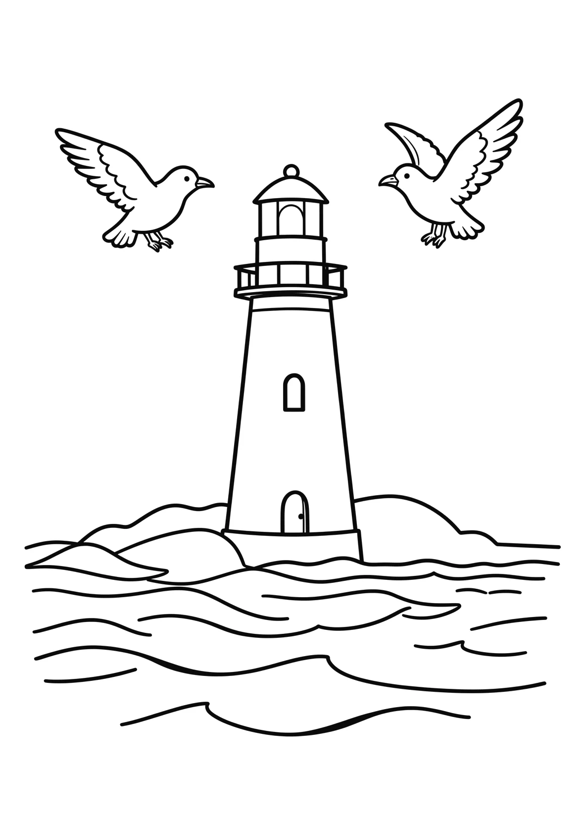 Ausmalbild Leuchtturm am Strand mit Wellen im Meer davor - Ausmalbild aus der Kategorie Natur - kostenlos ausdrucken