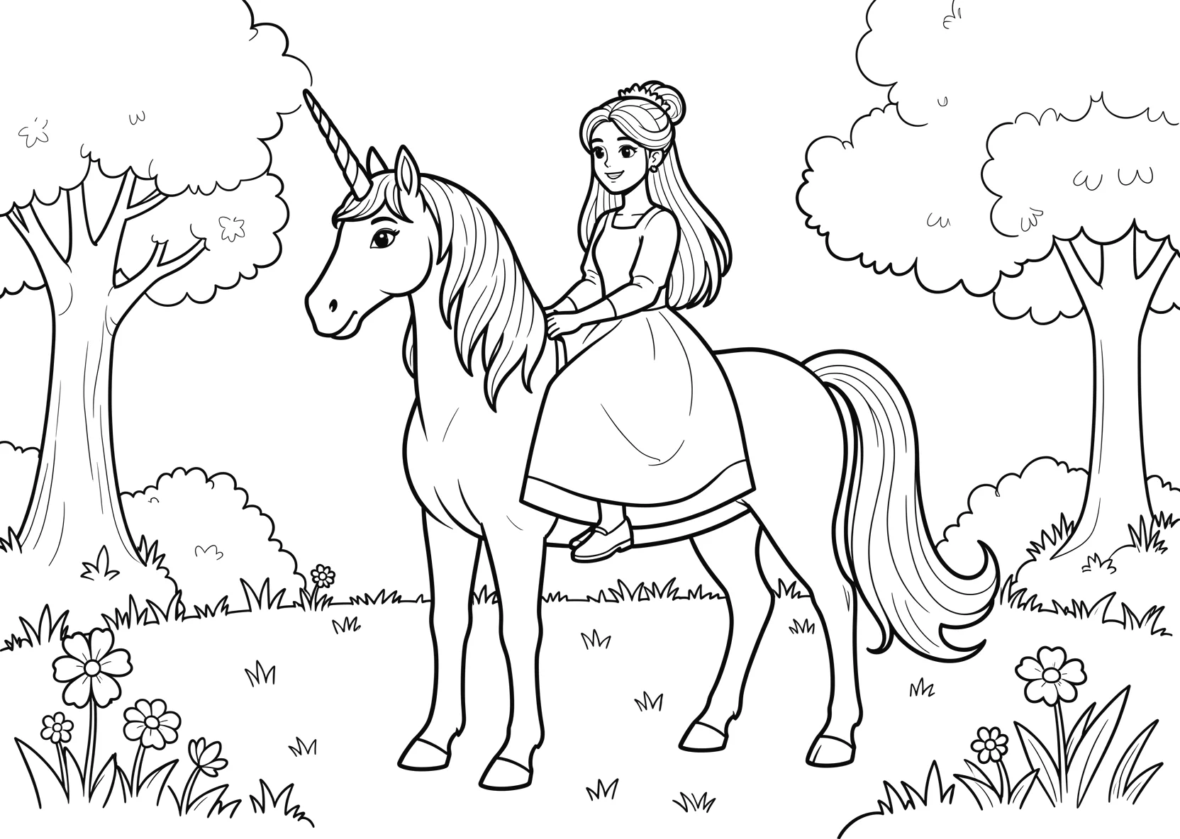 Freundliche Prinzessin mit langen Haaren in einer - Ausmalbild