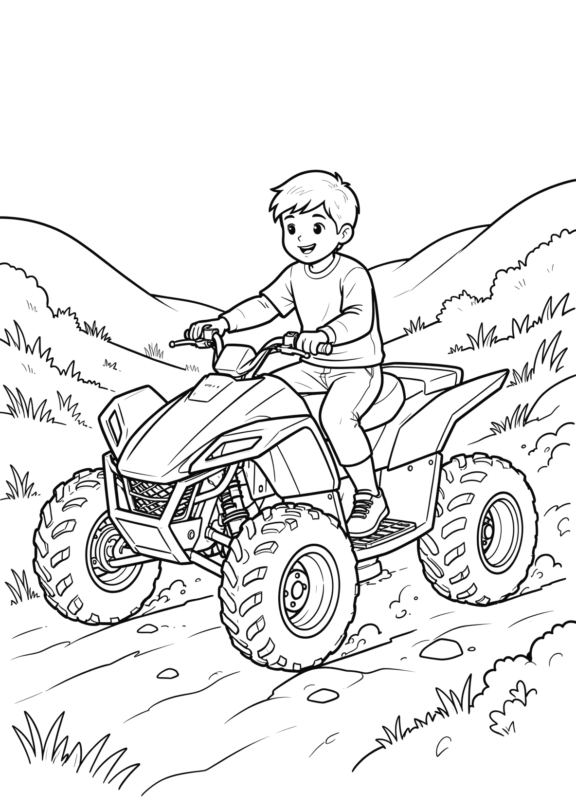 Ausmalbild Junger Fahrer sitzt auf einem Quad mit vier - Ausmalbild aus der Kategorie Fahrzeuge - kostenlos ausdrucken