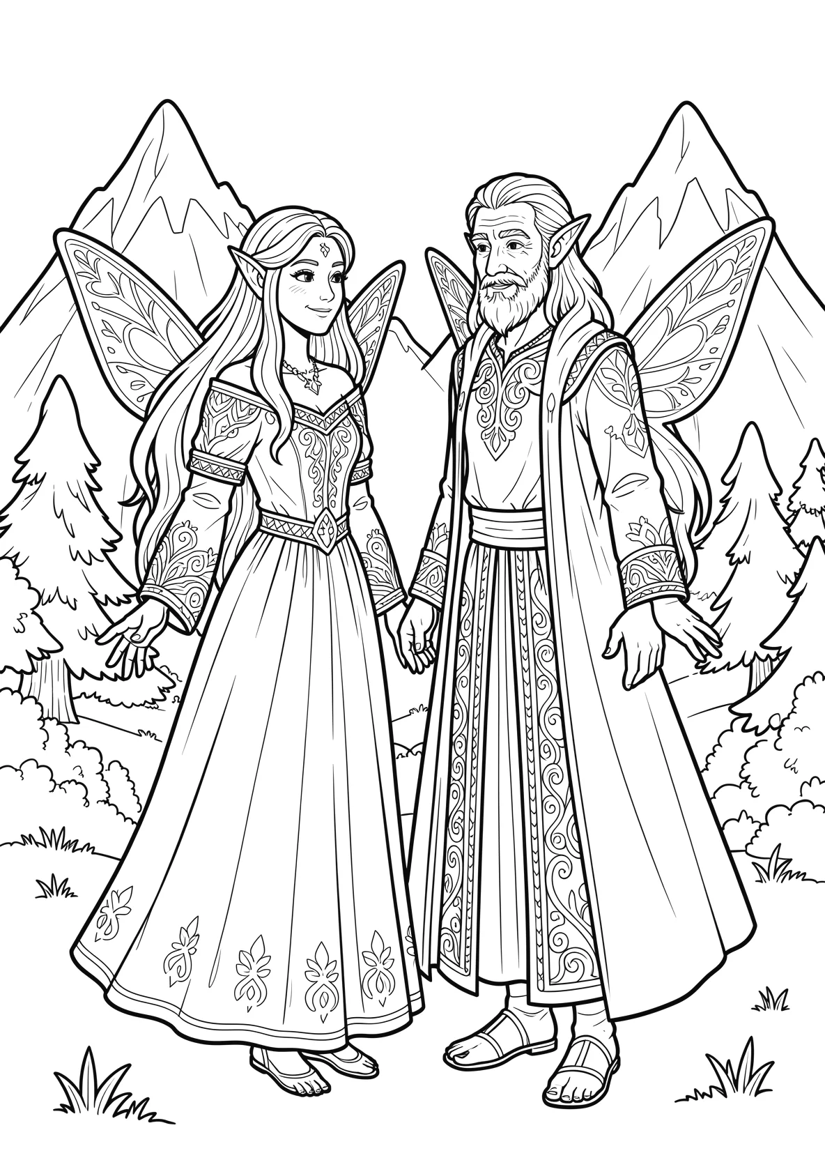 Ausmalbild Zwei alte Feen nebeneinander - Ausmalbild aus der Kategorie Maerchen - kostenlos ausdrucken